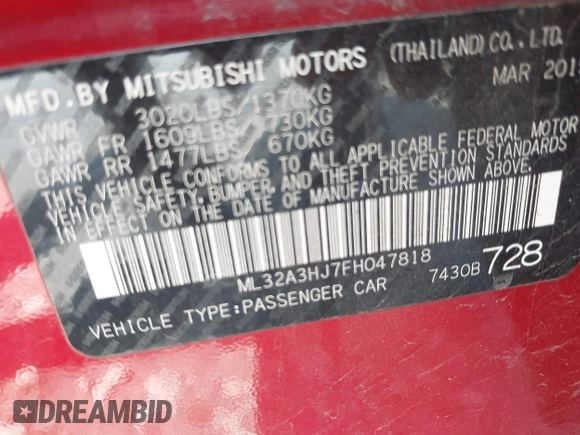 2015 Mitsubishi Mirage DE z VIN ML32A3HJ7FH047818, wystawiony jako IAAI lot #42495206 z przebiegiem 88 529 mil mil oraz . Historia ofert i sprzedaży dostępna na DreamBid. Obrazek 9.