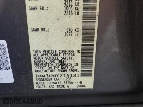 2015 Nissan Altima 2.5 S with VIN 1N4AL3APXFC215181, listed as a Copart auction lot 51294375 with 107,750 mi miles and Salvage Title. Bid and sale history available at carsss.com. Image 12.