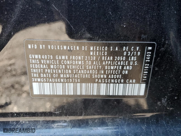 2019 Volkswagen Golf S with VIN 3VWG57AU6KM019756, listed as a Copart auction lot 52097815 with 94,978 mi miles and Salvage Title. Bid and sale history available at carsss.com. Image 13.