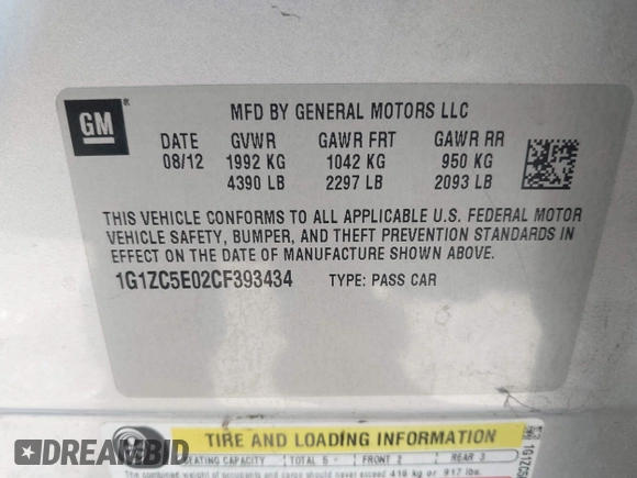 2012 Chevrolet Malibu 1LT with VIN 1G1ZC5E02CF393434, listed as a IAAI auction lot 42227971 with 180,080 mi miles and . Bid and sale history available at DreamBid. Image 9.
