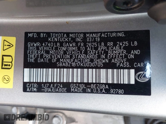 2019 Lexus ES with VIN 58ABZ1B17KU030705, listed as a IAAI auction lot 41754152 with 41,069 mi miles. Bid and sale history available at carsss.com. Image 9.