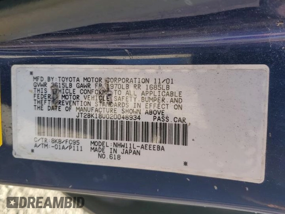 2002 Toyota Prius with VIN JT2BK18U020048934, listed as a Copart auction lot 82934924 with 0 mi miles and Salvage Title. Bid and sale history available at carsss.com. Image 14.