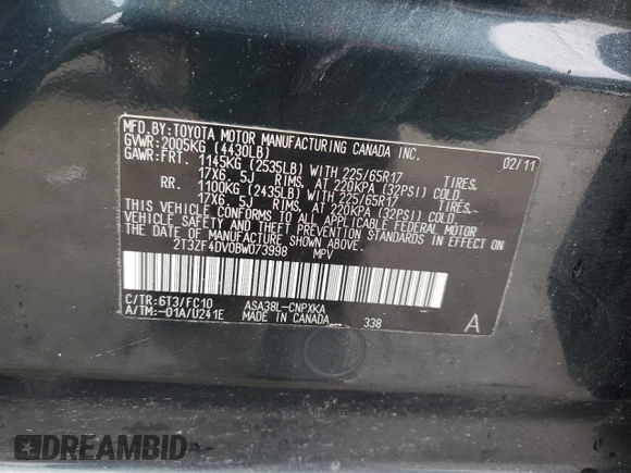 2011 Toyota RAV4 with VIN 2T3ZF4DV0BW073998, listed as a Copart auction lot 52145335 with 147,182 mi miles and Clean Title. Bid and sale history available at DreamBid. Image 13.