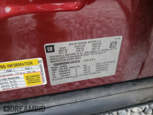 2015 GMC Acadia SLE with VIN 1GKKRNED8FJ264503, listed as a Copart auction lot 54212735 with 180,750 mi miles and Salvage title. Bid and sale history available at DreamBid. Image 13.