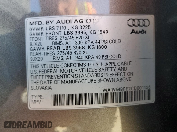 2012 Audi Q7 3.0L TDI Prestige with VIN WA1VMBFE2CD001456, listed as a Copart auction lot 48042065 with 163,935 mi miles and Clean Title. Bid and sale history available at carsss.com. Image 12.