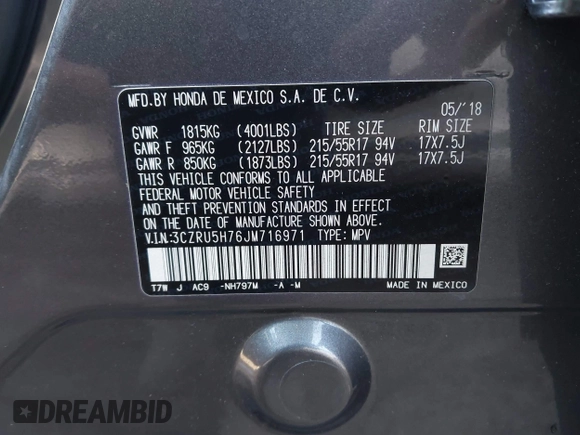 2018 Honda HR-V EX-L Navi with VIN 3CZRU5H76JM716971, listed as a IAAI auction lot 41646262 with 60,742 mi miles. Bid and sale history available at carsss.com. Image 9.