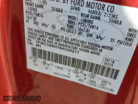 2006 Ford Escape Hybrid with VIN 1FMCU95H76KC00211, listed as a Copart auction lot 88572315 with Not provided miles and Salvage title. Bid and sale history available at DreamBid. Image 12.