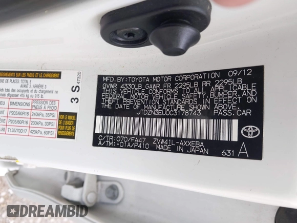 2012 Toyota Prius Two with VIN JTDZN3EU0C3178743, listed as a IAAI auction lot 42233677 with 229,362 mi miles and . Bid and sale history available at DreamBid. Image 9.