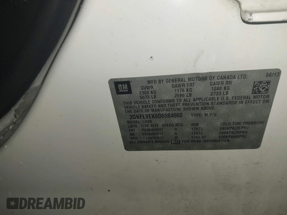 2013 GMC Terrain SLT with VIN 2GKFLVEK6D6384960, listed as a IAAI auction lot 41435959 with 141,007 mi miles and . Bid and sale history available at DreamBid. Image 9.