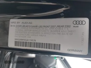 2018 Audi A4 Premium Plus with VIN WAULMAF40JA174578, listed as a IAAI auction lot 41546212 with 41,410 mi miles. Bid and sale history available at carsss.com. Image 9.
