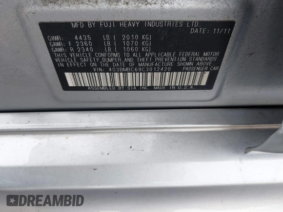 2012 Subaru Legacy Premium with VIN 4S3BMBC69C3012420, listed as a IAAI auction lot 42366597 with Not provided miles and . Bid and sale history available at DreamBid. Image 9.