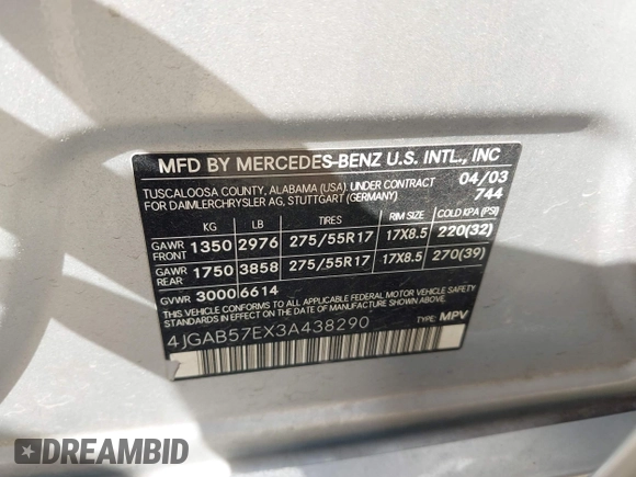 2003 Mercedes-Benz M 350 with VIN 4JGAB57EX3A438290, listed as a IAAI auction lot 42670213 with 246,915 mi miles and . Bid and sale history available at DreamBid. Image 9.