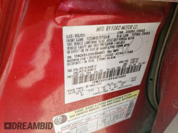 2005 Ford Freestyle SE with VIN 1FMZK01105GA54885, listed as a Copart auction lot 58414145 with 306,275 mi miles and Salvage title. Bid and sale history available at DreamBid. Image 13.