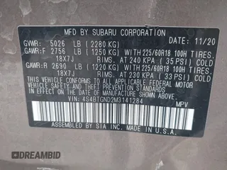 2021 Subaru Outback Limited XT with VIN 4S4BTGND2M3141284, listed as a IAAI auction lot 42113791 with 63,030 mi miles and . Bid and sale history available at DreamBid. Image 9.