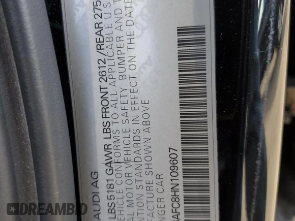 2017 Audi A6 Premium Plus with VIN WAUG8AFC8HN109607, listed as a Copart auction lot 51480755 with 109,309 mi miles and Salvage Title. Bid and sale history available at carsss.com. Image 12.