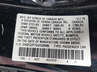 2018 Honda Civic EX with VIN 2HGFC2F75JH528486, listed as a IAAI auction lot 41869983 with 95,614 mi miles and . Bid and sale history available at DreamBid. Image 9.