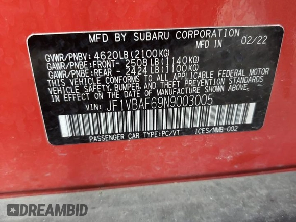 2022 Subaru WRX Premium with VIN JF1VBAF69N9003005, listed as a Copart auction lot 44722625 with 38,232 mi miles and Salvage title. Bid and sale history available at DreamBid. Image 12.