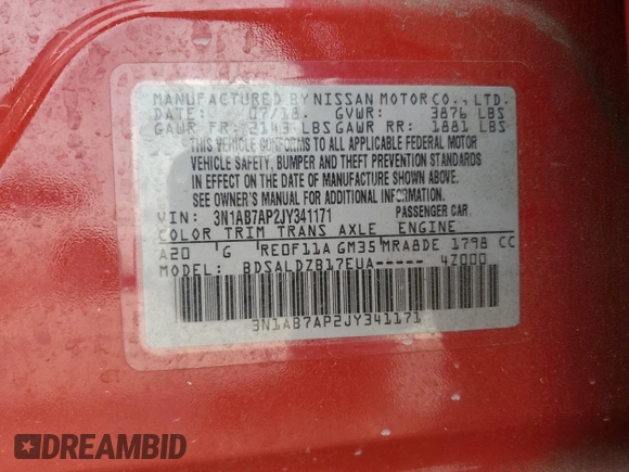 2018 Nissan Sentra SR with VIN 3N1AB7AP2JY341171, listed as a Copart auction lot 55087035 with 77,958 mi miles and Salvage Title. Bid and sale history available at DreamBid. Image 12.