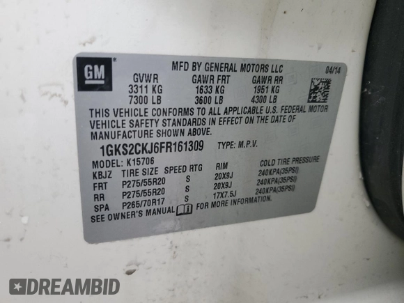 2015 GMC Yukon Denali with VIN 1GKS2CKJ6FR161309, listed as a Copart auction lot 73348094 with 159,319 mi miles and Clean Title. Bid and sale history available at carsss.com. Image 13.