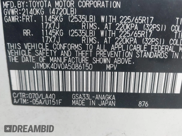 2010 Toyota RAV4 Limited with VIN JTMDK4DV0A5086150, listed as a IAAI auction lot 42009174 with 281,959 mi miles and . Bid and sale history available at DreamBid. Image 9.