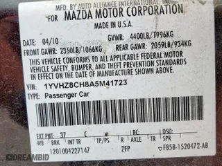 2010 Mazda Mazda6 i Touring Plus with VIN 1YVHZ8CH8A5M41723, listed as a Copart auction lot 51150955 with 104,466 mi miles and Salvage Title. Bid and sale history available at carsss.com. Image 12.