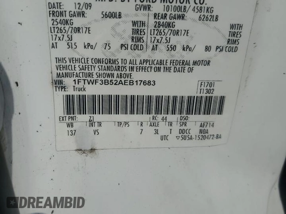 2010 Ford F-350 with VIN 1FTWF3B52AEB17683, listed as a Copart auction lot 76751624 with 137,111 mi miles and Salvage title. Bid and sale history available at DreamBid. Image 12.