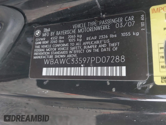 2007 BMW 3 Series 328xi with VIN WBAWC33597PD07288, listed as a IAAI auction lot 41528340 with 182,013 mi miles and . Bid and sale history available at DreamBid. Image 9.