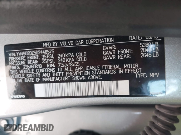 2013 Volvo XC60 T6 z VIN YV4902DZ5D2448575, wystawiony jako IAAI lot #42434563 z przebiegiem 154 710 mil mil oraz . Historia ofert i sprzedaży dostępna na DreamBid. Obrazek 9.