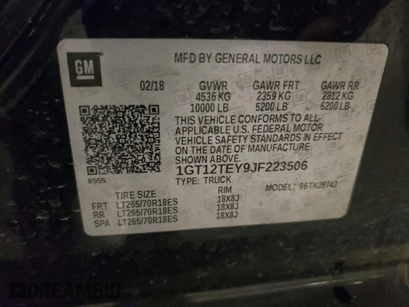 2018 GMC Sierra 2500HD SLT with VIN 1GT12TEY9JF223506, listed as a Copart auction lot 78465644 with 77,236 mi miles and Salvage Title. Bid and sale history available at carsss.com. Image 12.