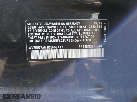 2013 Volkswagen CC Sport with VIN WVWBN7AN6DE509497, listed as a IAAI auction lot 41854748 with 208,227 mi miles and . Bid and sale history available at DreamBid. Image 9.