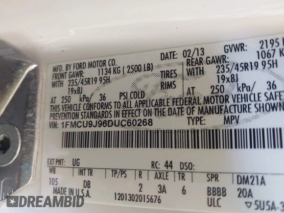 2013 Ford Escape Titanium with VIN 1FMCU9J96DUC60268, listed as a IAAI auction lot 42095407 with 105,307 mi miles and . Bid and sale history available at DreamBid. Image 9.