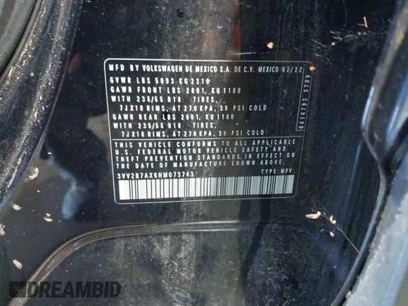 2022 Volkswagen Tiguan SE z VIN 3VV2B7AX6NM073743, wystawiony jako IAAI lot #39948815 z przebiegiem 56 368 mil mil oraz . Historia ofert i sprzedaży dostępna na DreamBid. Obrazek 9.
