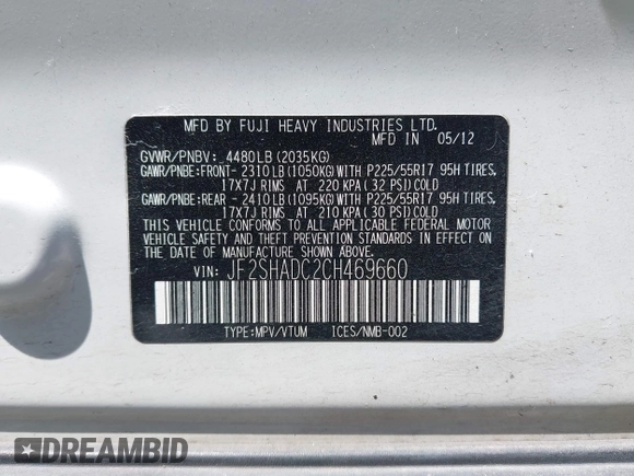 2012 Subaru Forester X Premium with VIN JF2SHADC2CH469660, listed as a IAAI auction lot 42639330 with 101,961 mi miles and . Bid and sale history available at DreamBid. Image 9.