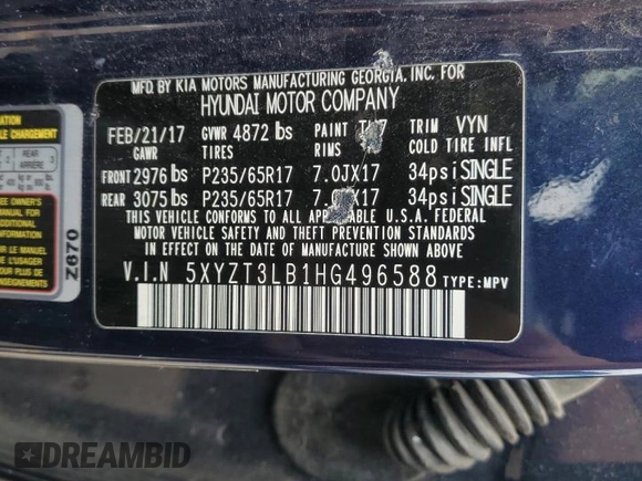 2017 Hyundai Santa Fe 2.4L with VIN 5XYZT3LB1HG496588, listed as a Copart auction lot 60441795 with 136,361 mi miles and Clean title. Bid and sale history available at DreamBid. Image 13.