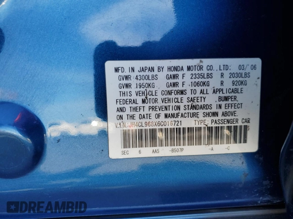 2006 Acura TSX с VIN JH4CL968X6C016721, выставлен на аукционе Copart как лот 63156765 с пробегом 171 840 миль миль и Списание • Salvage title. История ставок и продаж доступна на DreamBid. Изображение 12.