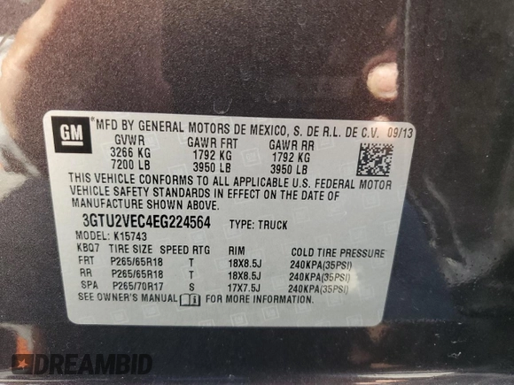 2014 GMC Sierra 1500 SLT with VIN 3GTU2VEC4EG224564, listed as a Copart auction lot 61299875 with 136,539 mi miles and Salvage title. Bid and sale history available at DreamBid. Image 12.