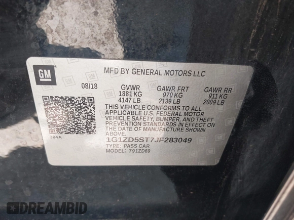 2018 Chevrolet Malibu LT with VIN 1G1ZD5ST7JF283049, listed as a IAAI auction lot 39998726 with 79,353 mi miles. Bid and sale history available at carsss.com. Image 9.