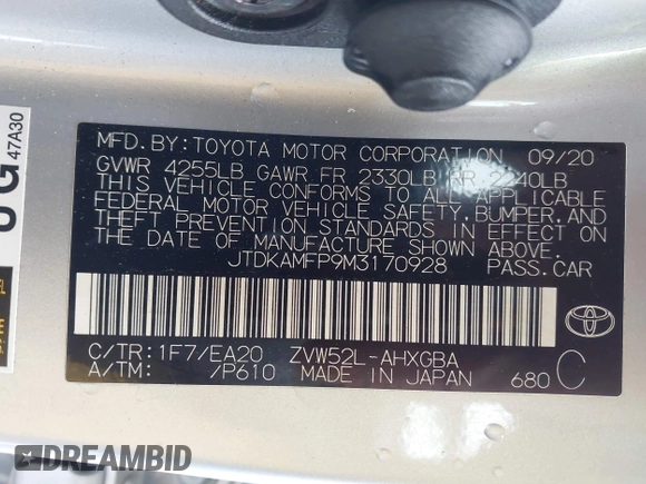 2021 Toyota Prius LE with VIN JTDKAMFP9M3170928, listed as a IAAI auction lot 42123934 with 58,293 mi miles and . Bid and sale history available at DreamBid. Image 9.