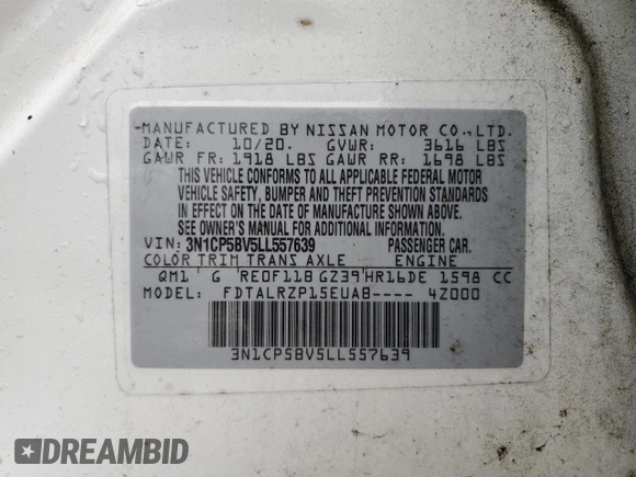 2020 Nissan Kicks S with VIN 3N1CP5BV5LL557639, listed as a Copart auction lot 44612695 with 80,663 mi miles and Salvage Title. Bid and sale history available at carsss.com. Image 14.
