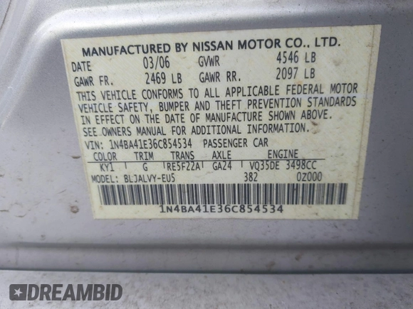 2006 Nissan Maxima 3.5 SE with VIN 1N4BA41E36C854534, listed as a IAAI auction lot 41359084 with 202,987 mi miles. Bid and sale history available at carsss.com. Image 9.