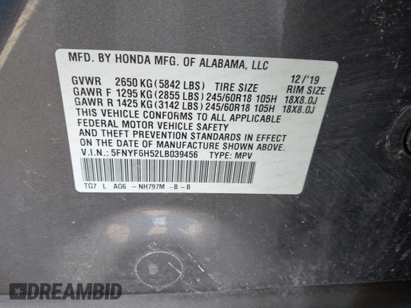 2020 Honda Pilot EX-L с VIN 5FNYF6H52LB039456, выставлен на аукционе IAAI как лот 41831333 с пробегом 118 337 миль миль и . История ставок и продаж доступна на DreamBid. Изображение 9.