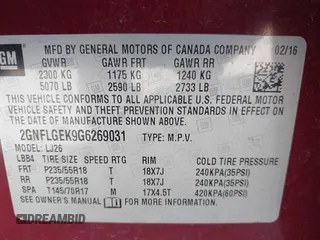 2016 Chevrolet Equinox LTZ with VIN 2GNFLGEK9G6269031, listed as a IAAI auction lot 41990085 with 119,199 mi miles. Bid and sale history available at carsss.com. Image 9.