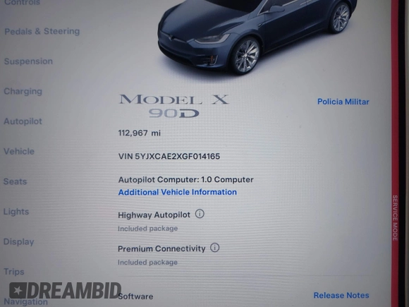 2016 Tesla Model X 70D z VIN 5YJXCAE2XGF014165, wystawiony jako IAAI lot #41474490 z przebiegiem 112 967 mil mil oraz . Historia ofert i sprzedaży dostępna na DreamBid. Obrazek 14.