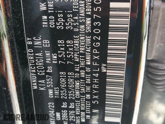 2023 Kia Sorento EX z VIN 5XYRH4LFXPG203750, wystawiony jako Copart lot #54191305 z przebiegiem 54 320 mil mil oraz Szkoda całkowita • Salvage title. Historia ofert i sprzedaży dostępna na DreamBid. Obrazek 13.
