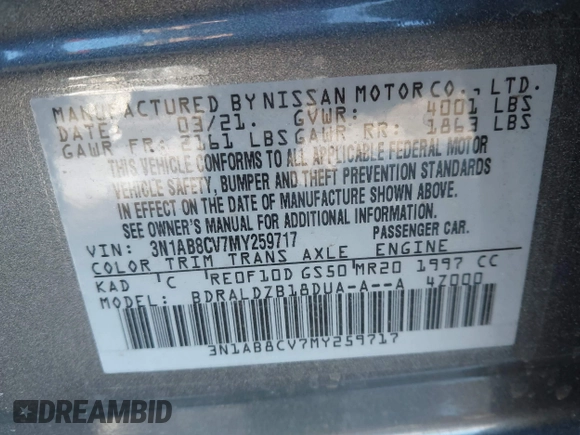 2021 Nissan Sentra SV with VIN 3N1AB8CV7MY259717, listed as a IAAI auction lot 41698932 with 29,609 mi miles. Bid and sale history available at carsss.com. Image 9.