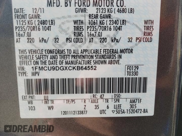2012 Ford Escape XLT с VIN 1FMCU9DGXCKB64552, выставлен на аукционе Copart как лот 67058514 с пробегом 106 523 миль миль и На запчасти • Non repairable. История ставок и продаж доступна на DreamBid. Изображение 15.