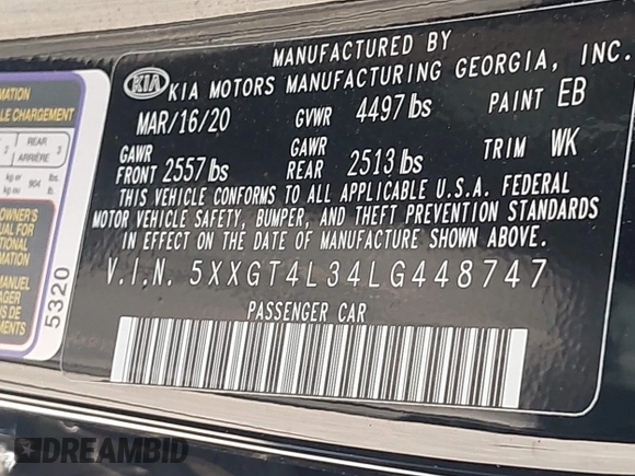 2020 Kia Optima LX with VIN 5XXGT4L34LG448747, listed as a IAAI auction lot 41470254 with 61,657 mi miles. Bid and sale history available at carsss.com. Image 9.