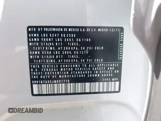 2018 Volkswagen Tiguan S с VIN 3VV1B7AX5JM097778, выставлен на аукционе IAAI как лот 42384582 с пробегом 244 180 миль миль и . История ставок и продаж доступна на DreamBid. Изображение 9.