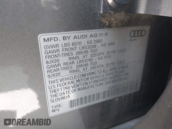 2017 Audi Q7 Premium with VIN WA1AAAF71HD010675, listed as a IAAI auction lot 41956959 with 136,549 mi miles and . Bid and sale history available at DreamBid. Image 9.