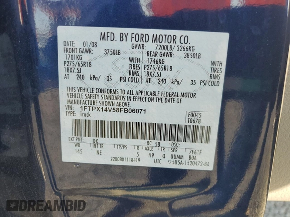 2008 Ford F-150 XLT with VIN 1FTPX14V58FB06071, listed as a Copart auction lot 52640565 with 222,783 mi miles and Salvage title. Bid and sale history available at DreamBid. Image 13.